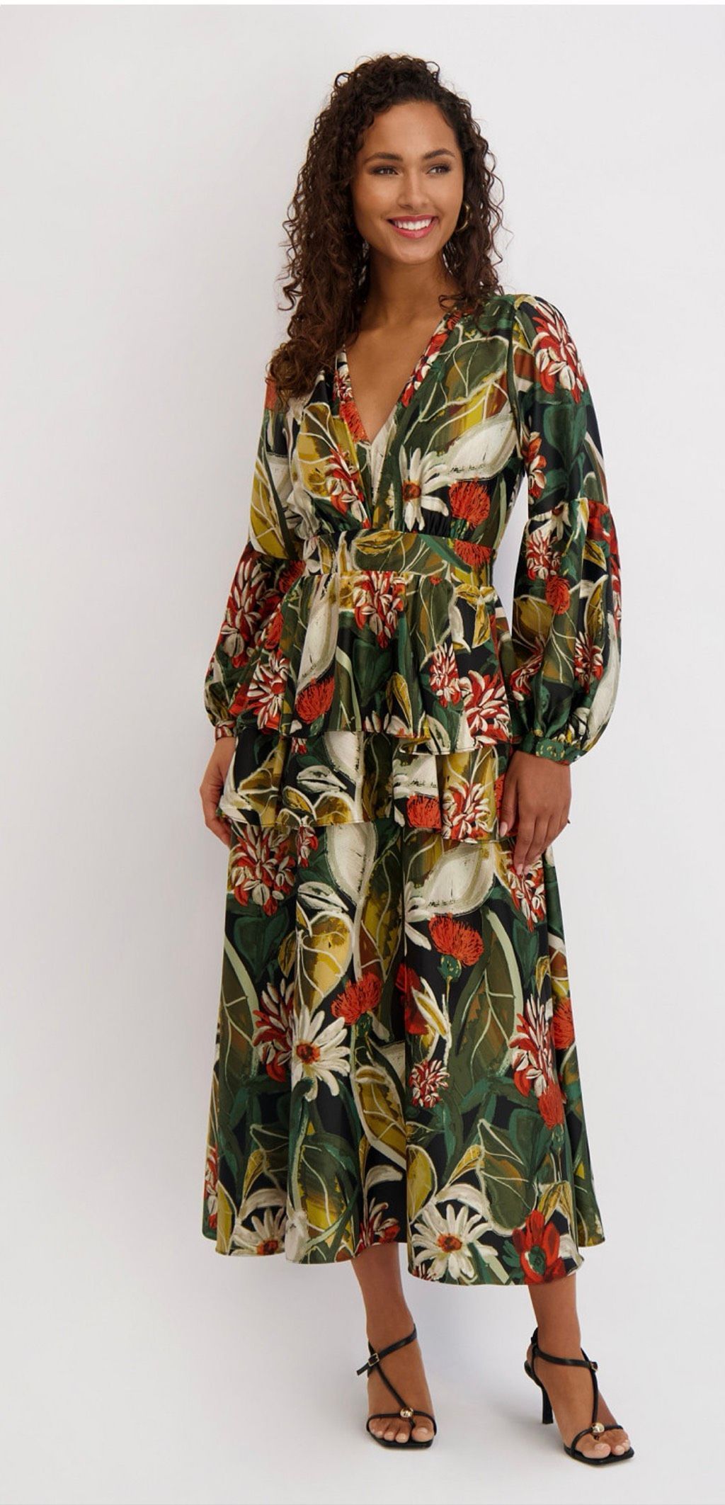 Siena 6 Satin Black Long-Sleeve Maxi Dress Tropical Floral Print V-Neckline